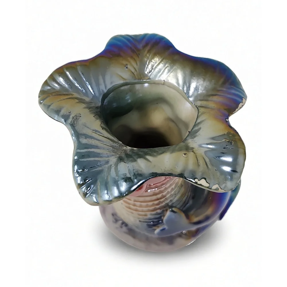JSL Ceramic Vase Iridescent Dolphin Palm Tree Sculpted Coastal Beach Decor 7.5